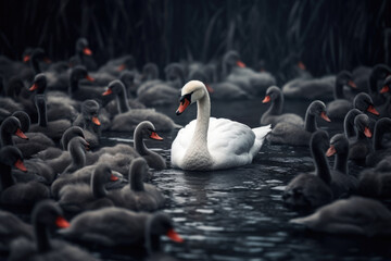 White swan on the lake surrounded by black ducklings - obrazy, fototapety, plakaty
