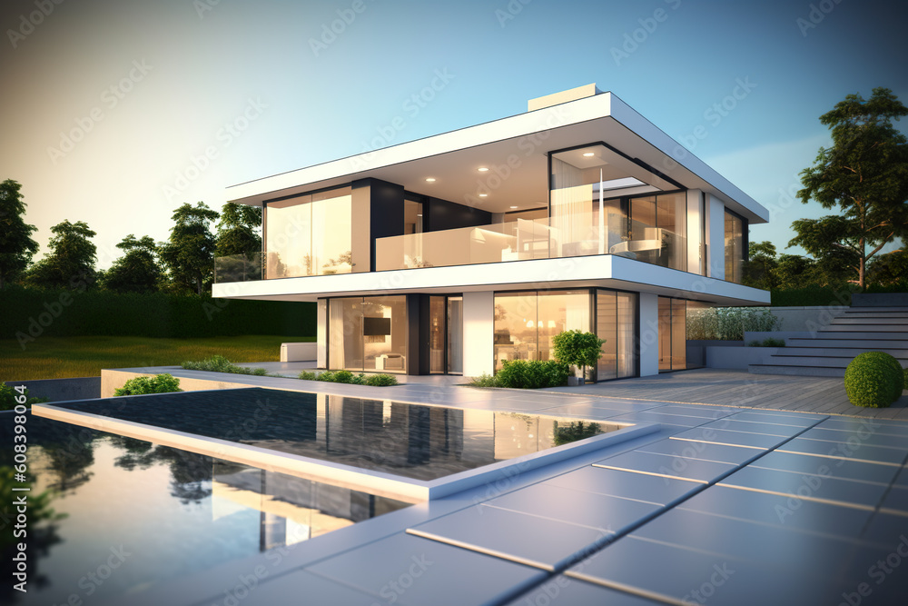Poster a modern house with a pool in front of it. generative ai.