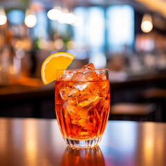 aperol spritz drink with ice and orange slice on a table in a bar, ai generated