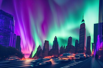 Aurora Lights decorate the streets of the mega city - generative ai