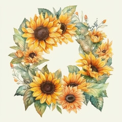 Fototapeta na wymiar Watercolor sunflowers wreath. Vintage botanical watercolor round floral frame isolated on white background. Generative ai illustration