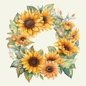 Watercolor sunflowers wreath. Vintage botanical watercolor round floral frame isolated on white background. Generative ai illustration