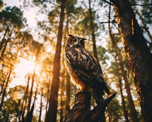 owl sitting in a forest on a tree during golden hour - Generative AI