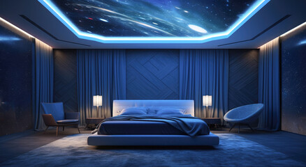A celestial-themed bedroom with a ceiling painted like the night sky - obrazy, fototapety, plakaty