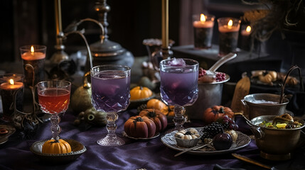 Halloween decorated table with cocktails in purple colors