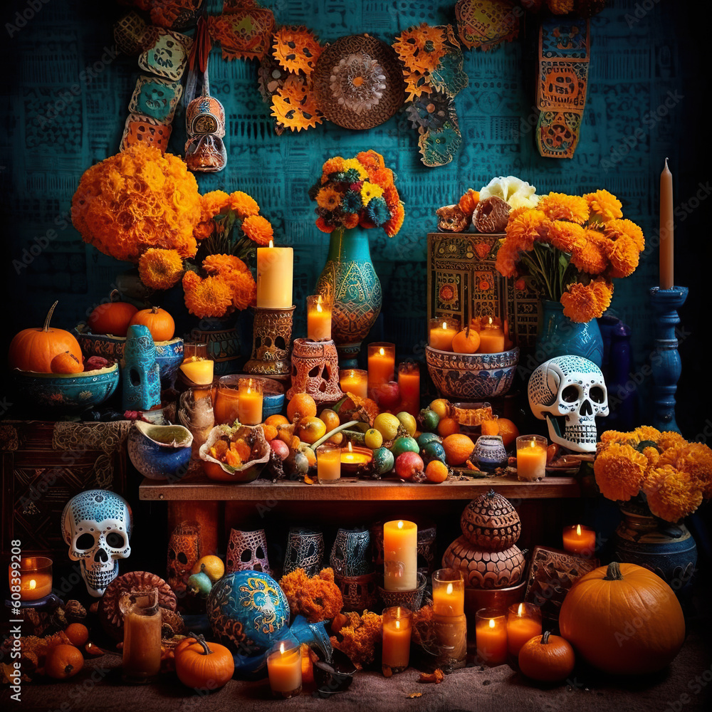 Poster a table topped with lots of oranges and candles. ai generative.