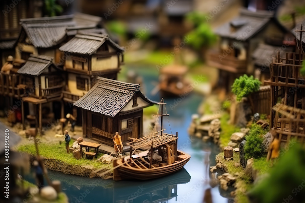 Poster a miniature model of a village with a river running through it. generative ai.