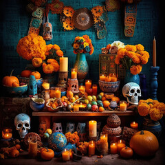 A table topped with lots of oranges and candles. AI generative.