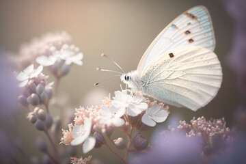 Schöner weißer Schmetterling auf einer Blumenblüte im Frühling Sommer, ai generativ