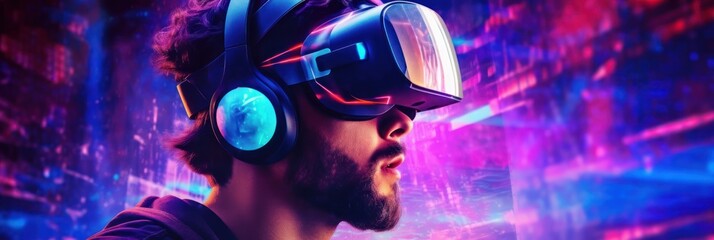 Naklejka premium Digital cyber world. Metaverse technology, man with virtual reality VR goggle. futuristic metaverse. Generative AI
