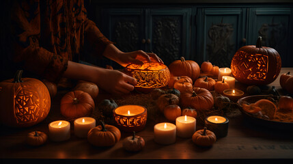 Woman hands with carved pumpkins on the table. Generated AI Generative AI