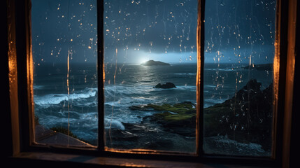 Coastal Serenade: Raindrops on Window Pane. Generative AI