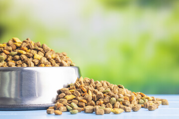 Dry kibble pet food in bowl. Dog or cat food on garden table.