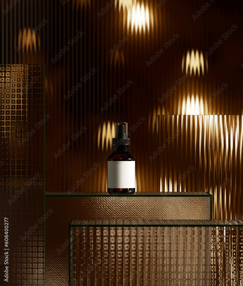 Poster minimal style mockup for product presentation. ribbed glass podium on flare light background. 3d ren