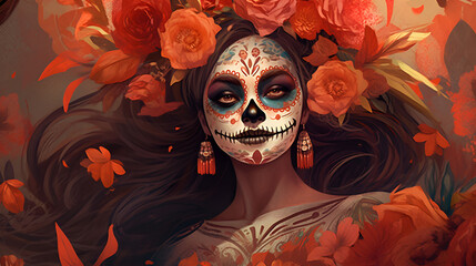 Woman ghost of Mexican day of the dead with marigold flowers. Generated AI Generative AI