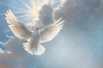 A dove in the air with wide open wings in front of the sky. A symbol of peace. generative AI. Copy space