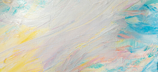 Abstract paint strokes and smudges background. White, blue, yellow, green drips, flows, streaks of...