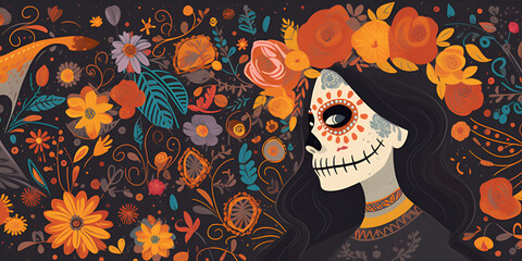 Woman spirit of Dia de los Muertos with marigold flowers. Banner. Generated AI Generative AI