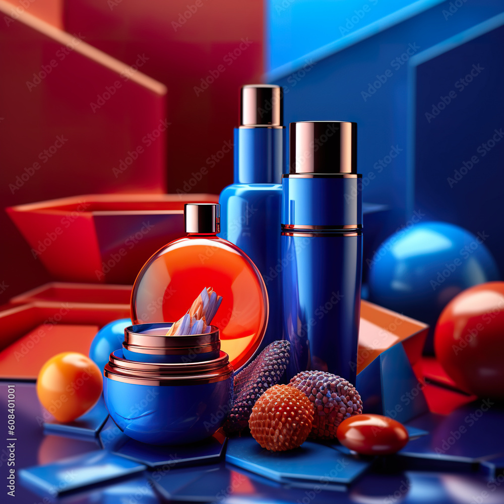 Poster a table topped with blue containers and oranges. generative ai.