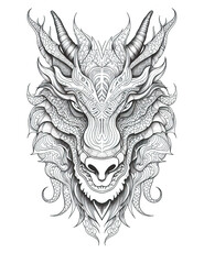 dragon head, black white illustration, outline for coloring book page, generative AI coloring card