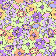Retro floral seamless pattern with Groovy Daisy flowers. Vector illustration. Abstract modern art for wallpaper, design, textile, packaging, decor.
