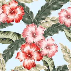 Tropical pink hibiscus flowers, green palm leaves, light blue background. Vector seamless pattern. Jungle foliage illustration. Exotic plants. Summer beach floral design. Paradise nature