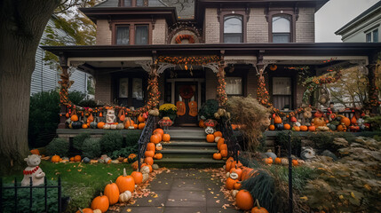 House decorated with Halloween pumpkins - outside view. Generated AI Generative AI