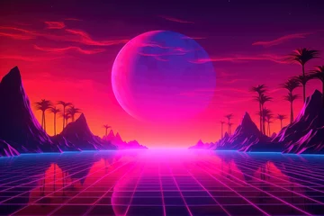 Door stickers Pink 80`s futuristic retro landscape with sun and mountain.