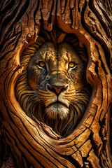 Captivating divine lion face embodied in an ancient tree trunk – a seamless fusion of nature and life, stirring deep emotions. Invite wonder with this distinct image. Generative AI