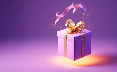 Obraz premium Lilac box, purple pink gradient color, fairy box holographic sign. Banner, copy space. Holiday concept. AI generated