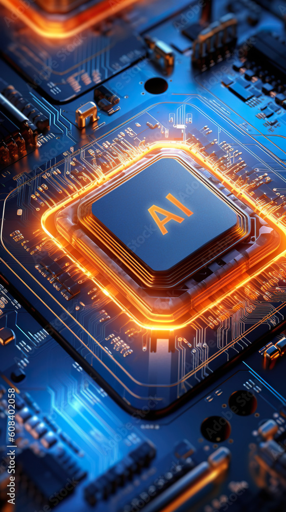 Poster a close up of a processor for artificial intelligence, labeled ai on complex motherboard. generative