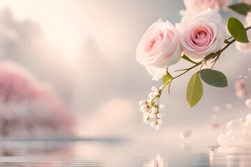 Two pink rose flower with soft white background, some love element effect with copy space for text, good for product presentation & commercial or romantic greeting or banner. Generative AI technology.