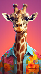 A giraffe wearing a colorful shirt and glasses. Generative AI.