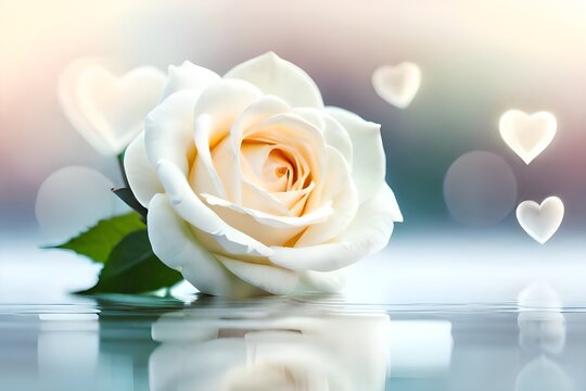 A white rose flower with soft white background, some love element effect with copy space for text, good for product presentation & commercial or romantic greeting or banner. Generative AI technology.