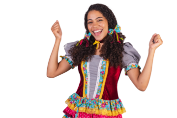 Black Brazilian woman wearing June party clothes, fraternization in the name of São João. camp. celebrating.