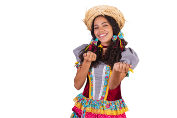 Black, Brazilian woman, wearing June party clothes, fraternization in the name of São João, Arraial. amazing, inviting with hands.