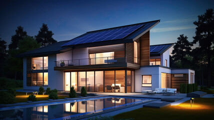 Modern House with Solar Panels on the Roof. Eco House, Energy Effective House, Green Energy concept.