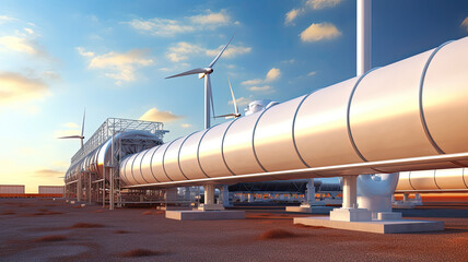 Hydrogen Gas tank renewable energy production - hydrogen gas pipeline for clean electricity windturbine facility. 
