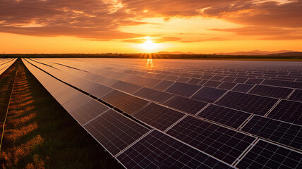 Aerial drone view of large solar panels at a solar farm at bright spring sunset. Solar cell power plants, colorful HDR photo. 