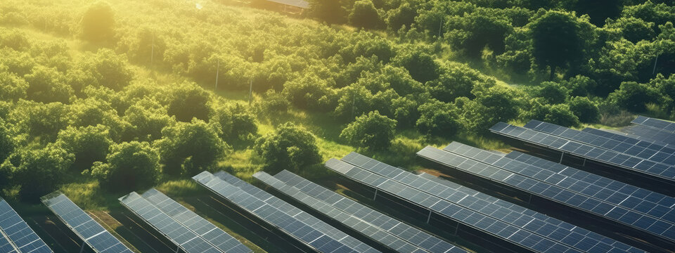 Aerial drone view of large solar panels at a solar farm at bright spring sunset. Solar cell power plants, colorful HDR photo. 
