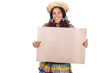 Black, Brazilian woman, wearing June party clothes, fraternization in the name of São João, Arraial. Screaming holding panel for text or advertisement.
