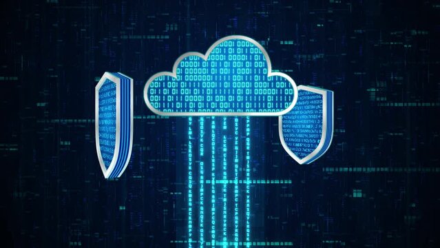 3D 4 shield with encryption data rotate around cloud system with blue binary code, Data upload to cloud system with protection, Privacy security protection network encode decode online access concept