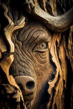 Captivating image of a divine bull god's face carved in a mystical tree trunk, enriching your visual project with unique charm. Generative AI
