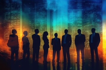 Fototapeta na wymiar Silhouette of a group of business people outlines with a lit background. Generative AI