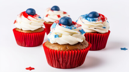 Three cupcakes with white frosting and blueberries on top. AI generative. Patriotic sweets for celebrating Independence day, Fourth of July.