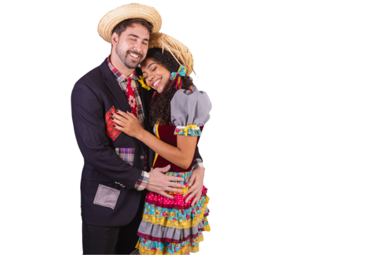 couple, brazilian, wearing clothes from festa junina, fraternization in the name of São João, Arraial. embraced. - Powered by Adobe