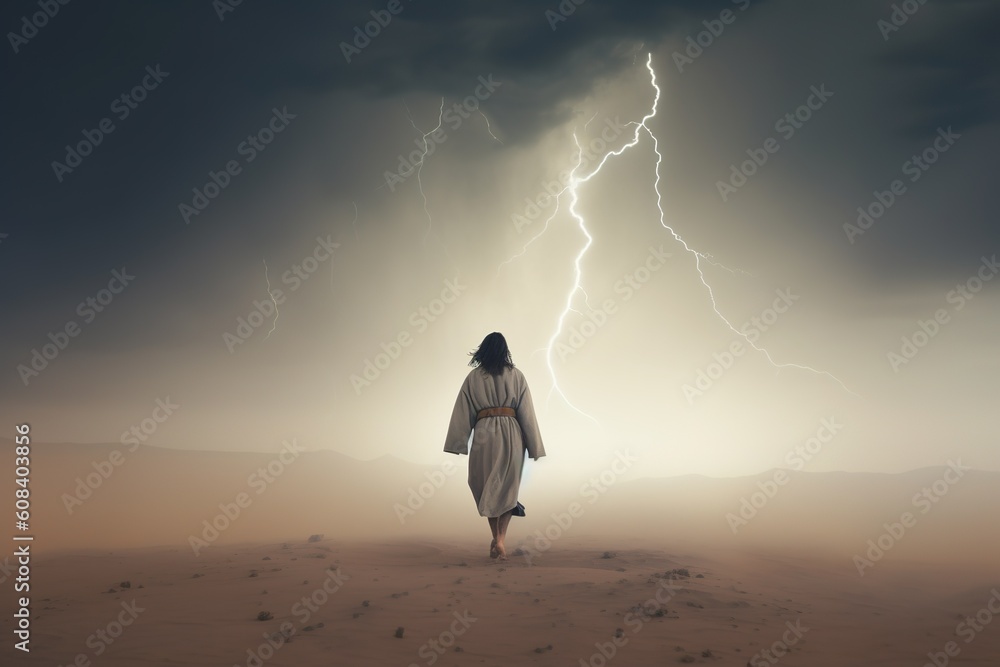 Poster a person making their way across the desert as the sky is clouded generative ai