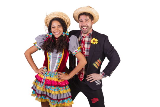 Brazilian couple, wearing June party clothes, fraternization in the name of São João, Arraial. embraced.