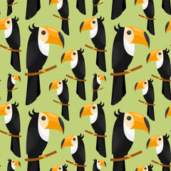 Seamless pattern with many funny vector toucans. Flat decorative element for summer layout design. Exotic bird profile with bright orange long beak and curved crest. Trendy fashion print. Wild nature