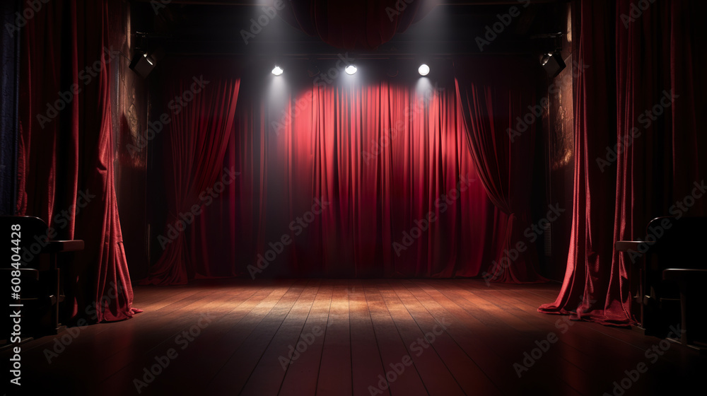 Poster an empty stage with red curtains and spotlights. generative ai.